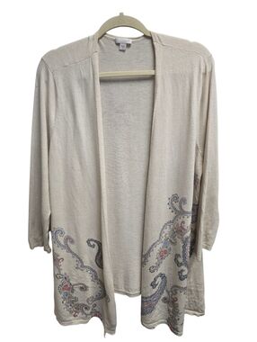J.Jill Light Beige Open-Front Cardigan with Paisley Embroidery Sz. XL